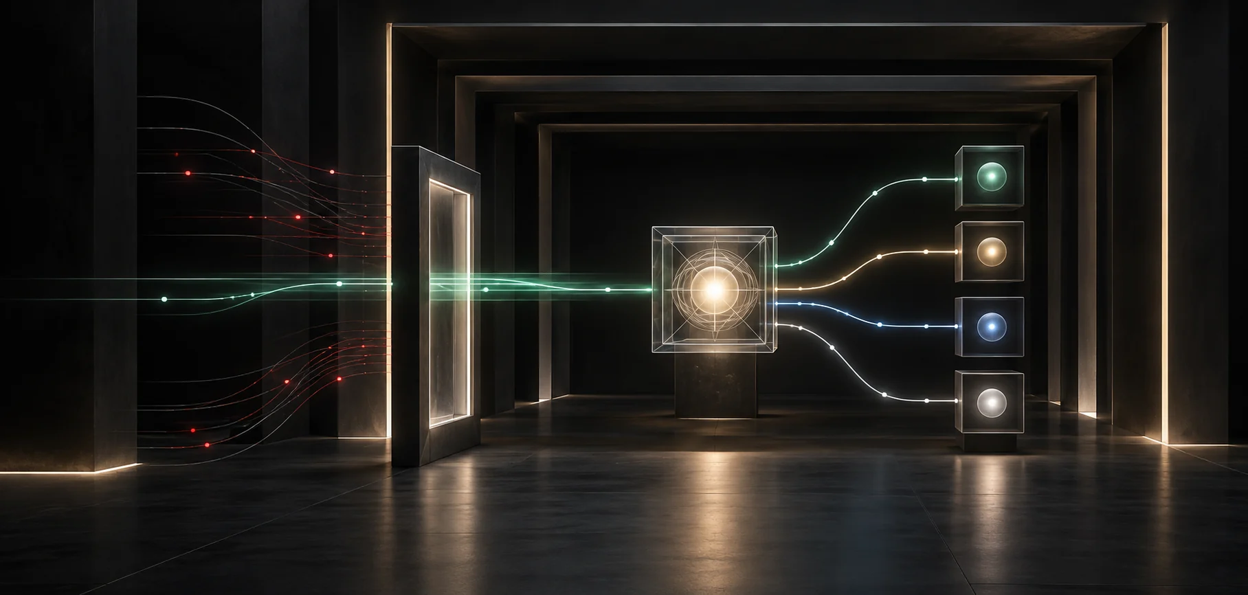 Concept visualization of approved signals passing through a controlled gateway into a local intelligence core and managed endpoints