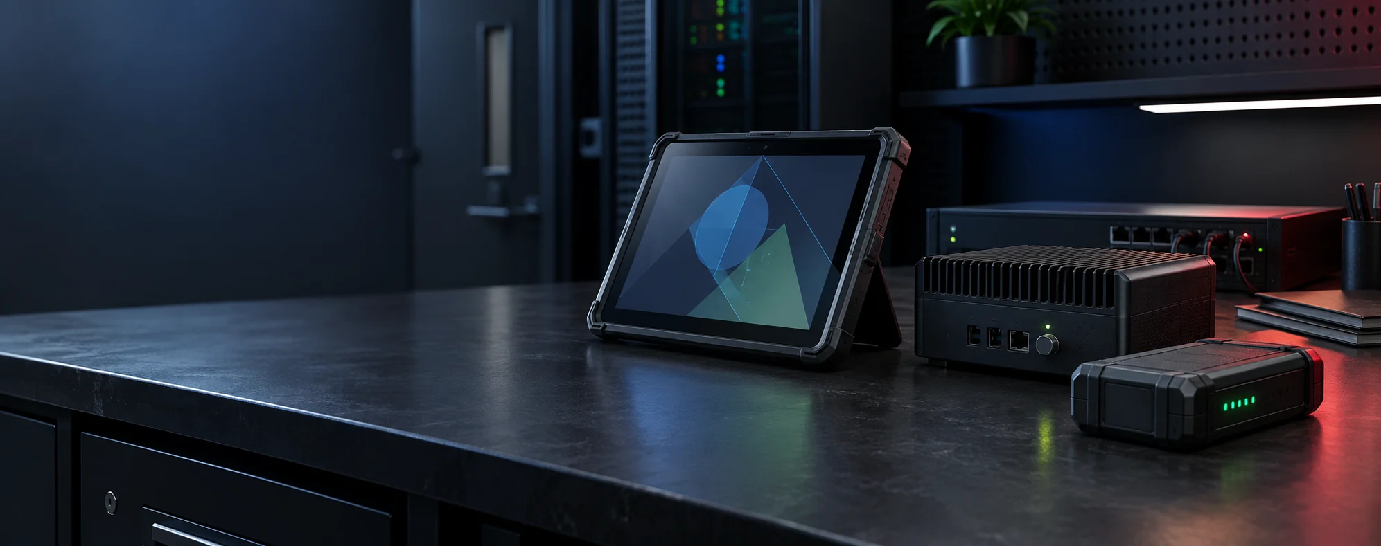 Conceptual secure workstation with a rugged tablet, local compute appliance, network appliance, and portable power cartridge